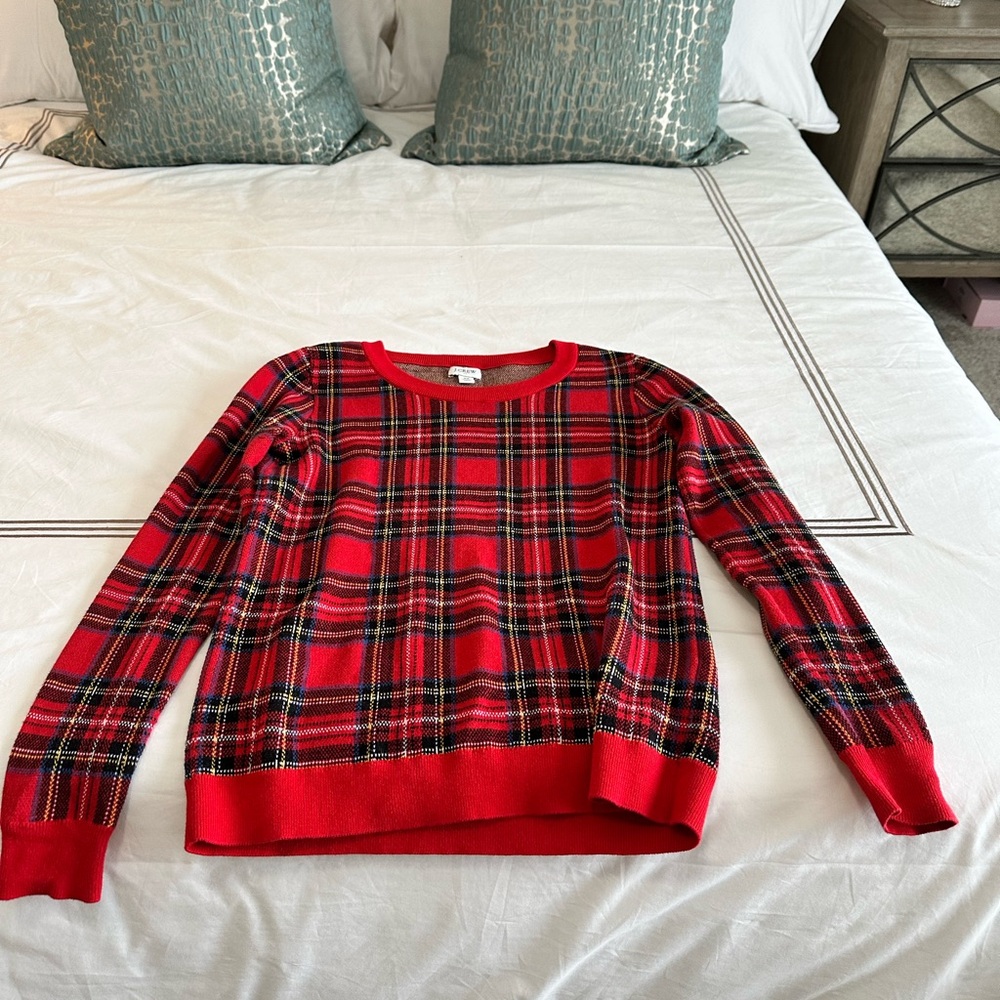 J Crew Red Plaid crew neck sweater
